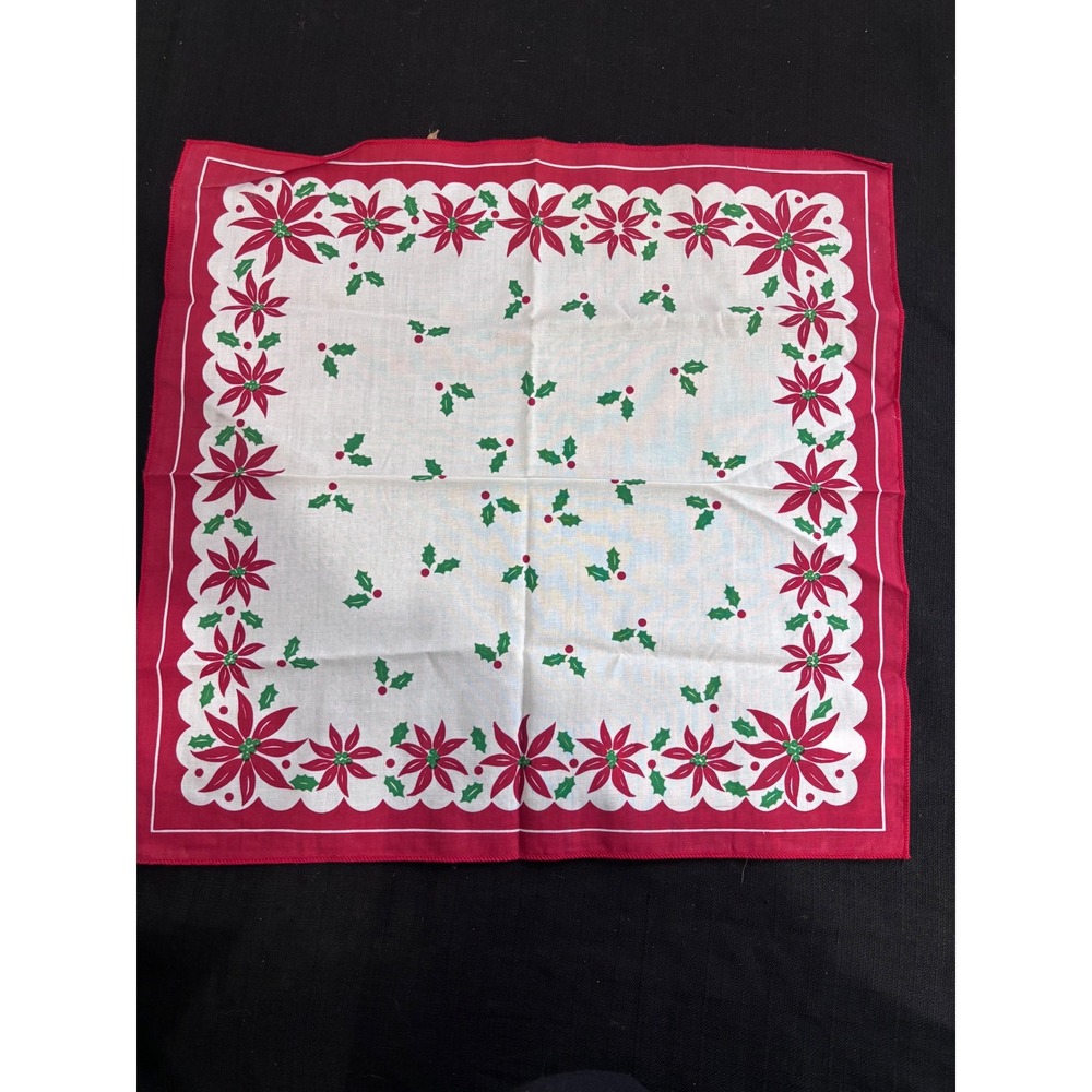 Vintage Christmas Poinsettia Holly Cotton Square Napkin Bandana‎ Red White 17x17